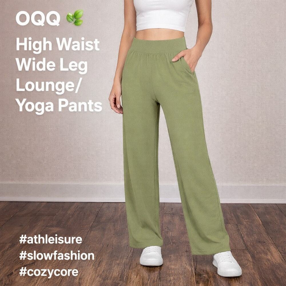 NEW OQQ High Waist Nylon Spandex Wide Leg Lounge Yoga Pants Green S Athleisure - Picture 2 of 8